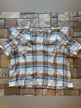 Madewell Sheer Plaid soft v neck Shirt in Blue, Brown, Tan